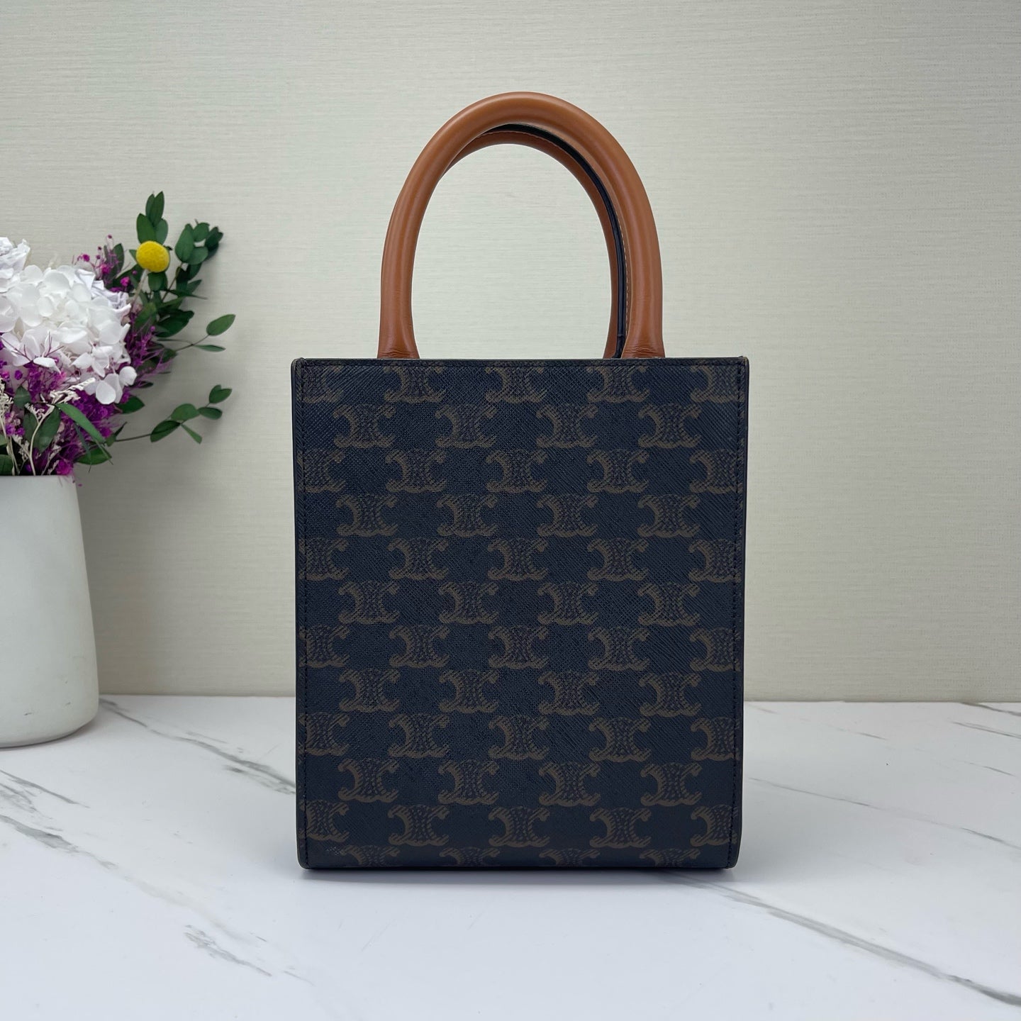 Celine - Cabas Triomphe Vertical Tote - Triomphe coated canvas with calfskin leather trim - Dark Brown and Tan with White logo - (small)