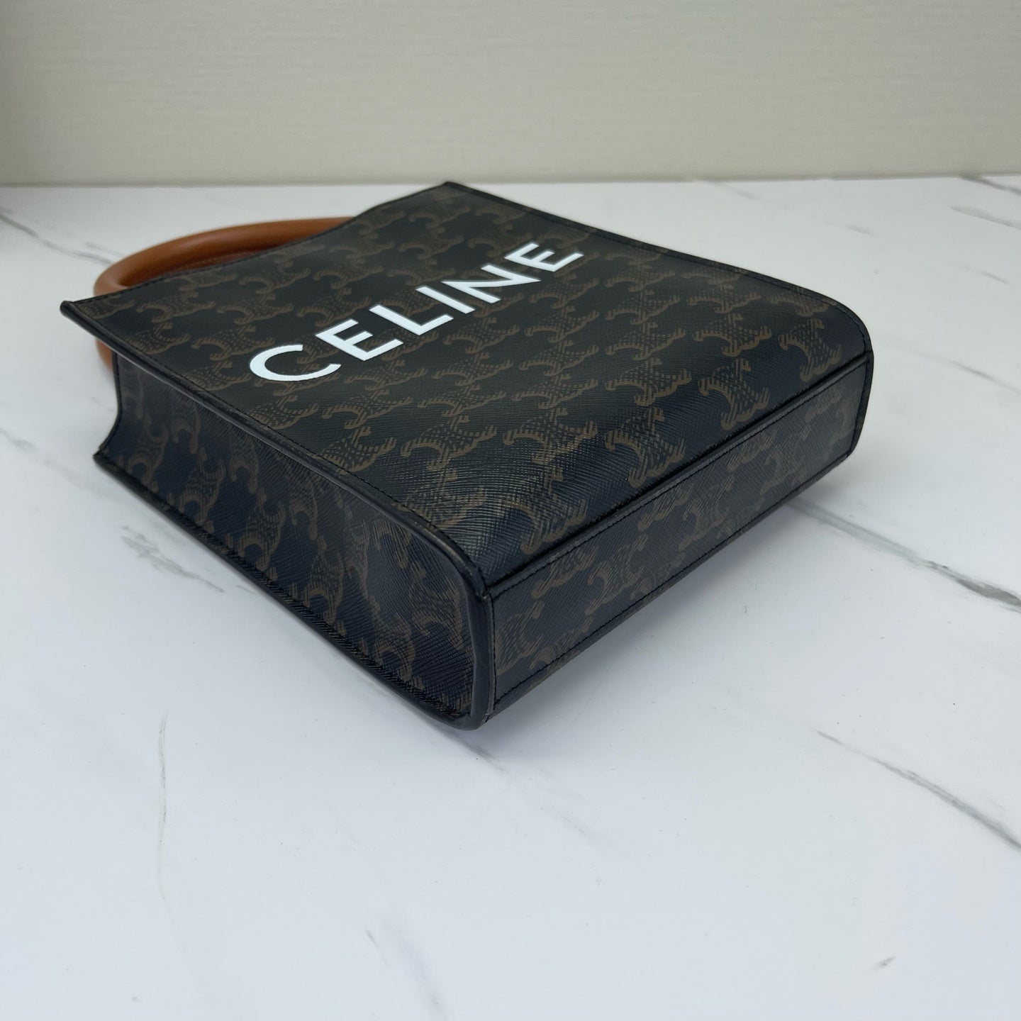 Celine - Cabas Triomphe Vertical Tote - Triomphe coated canvas with calfskin leather trim - Dark Brown and Tan with White logo - (small)