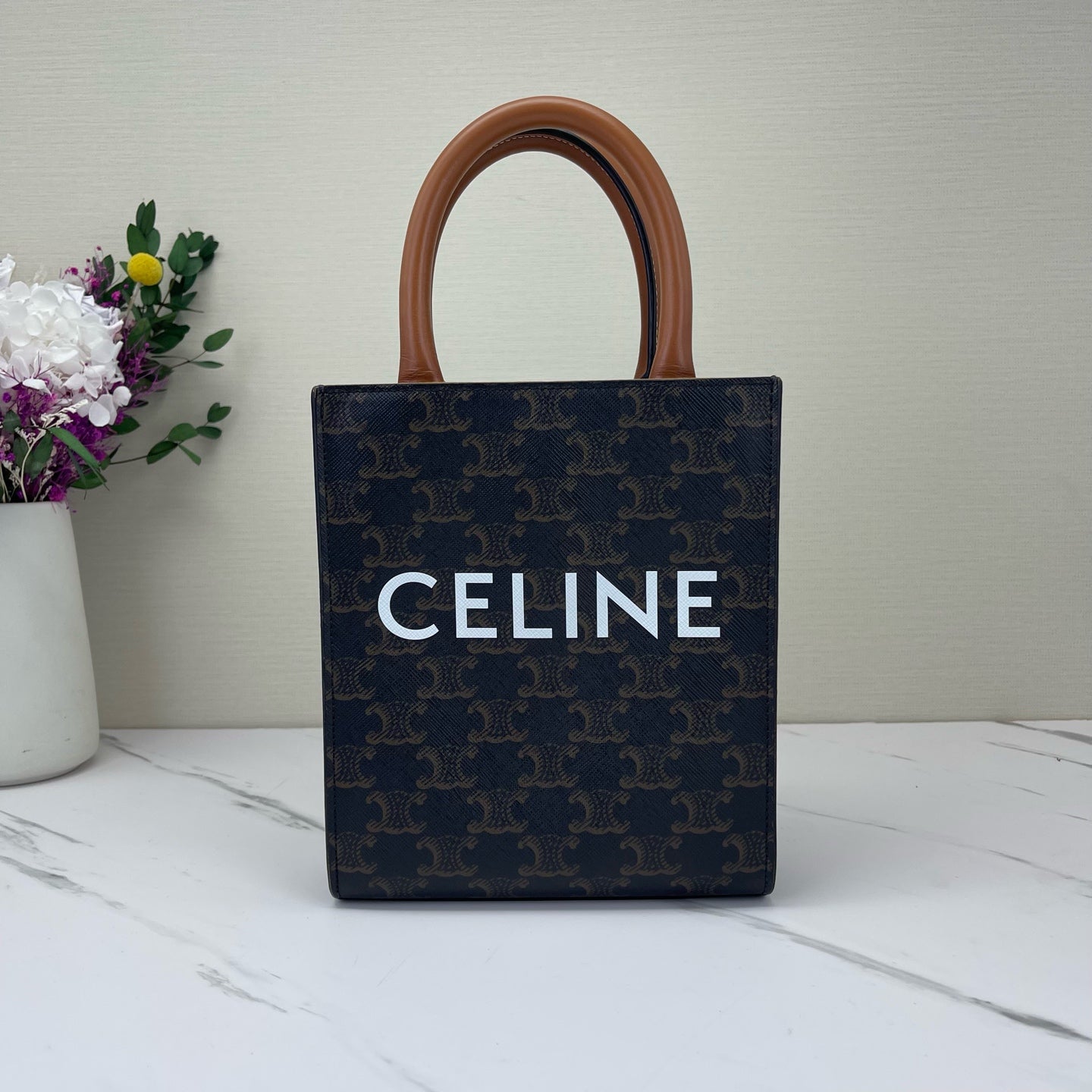 Celine - Cabas Triomphe Vertical Tote - Triomphe coated canvas with calfskin leather trim - Dark Brown and Tan with White logo - (small)