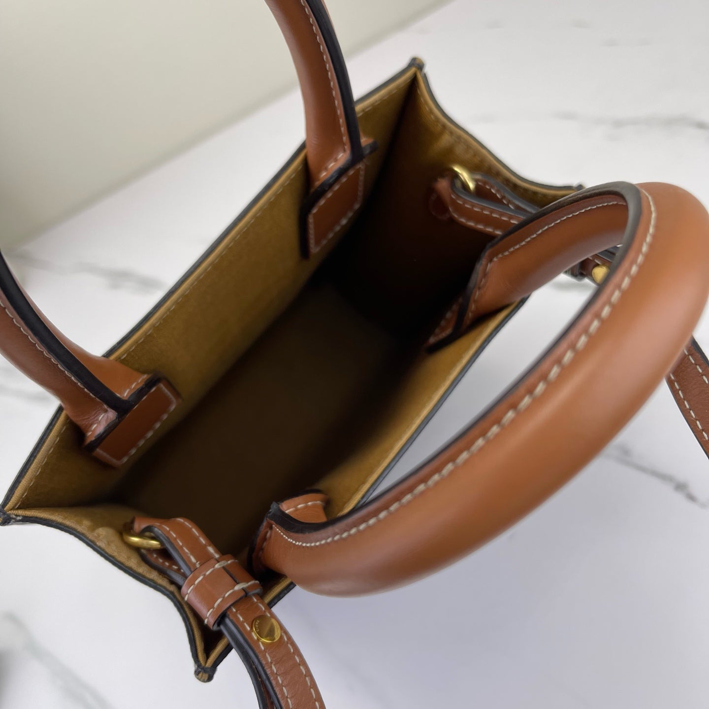 Celine - Cabas Triomphe Vertical Tote - Triomphe coated canvas with calfskin leather trim - Dark Brown and Tan with White logo - (small)