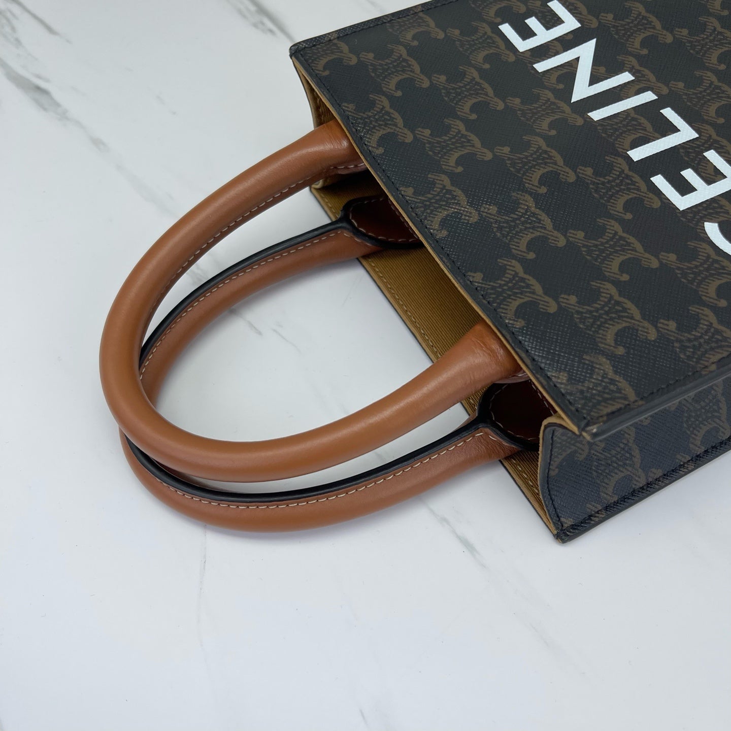 Celine - Cabas Triomphe Vertical Tote - Triomphe coated canvas with calfskin leather trim - Dark Brown and Tan with White logo - (small)