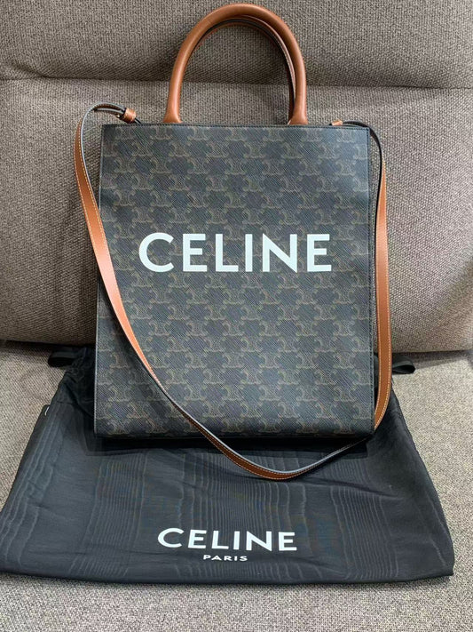 Celine - Cabas Vertical Bag - 65% Coated Canvas, 35% Calfskin leather - Brown with Tan leather trim - (Small)