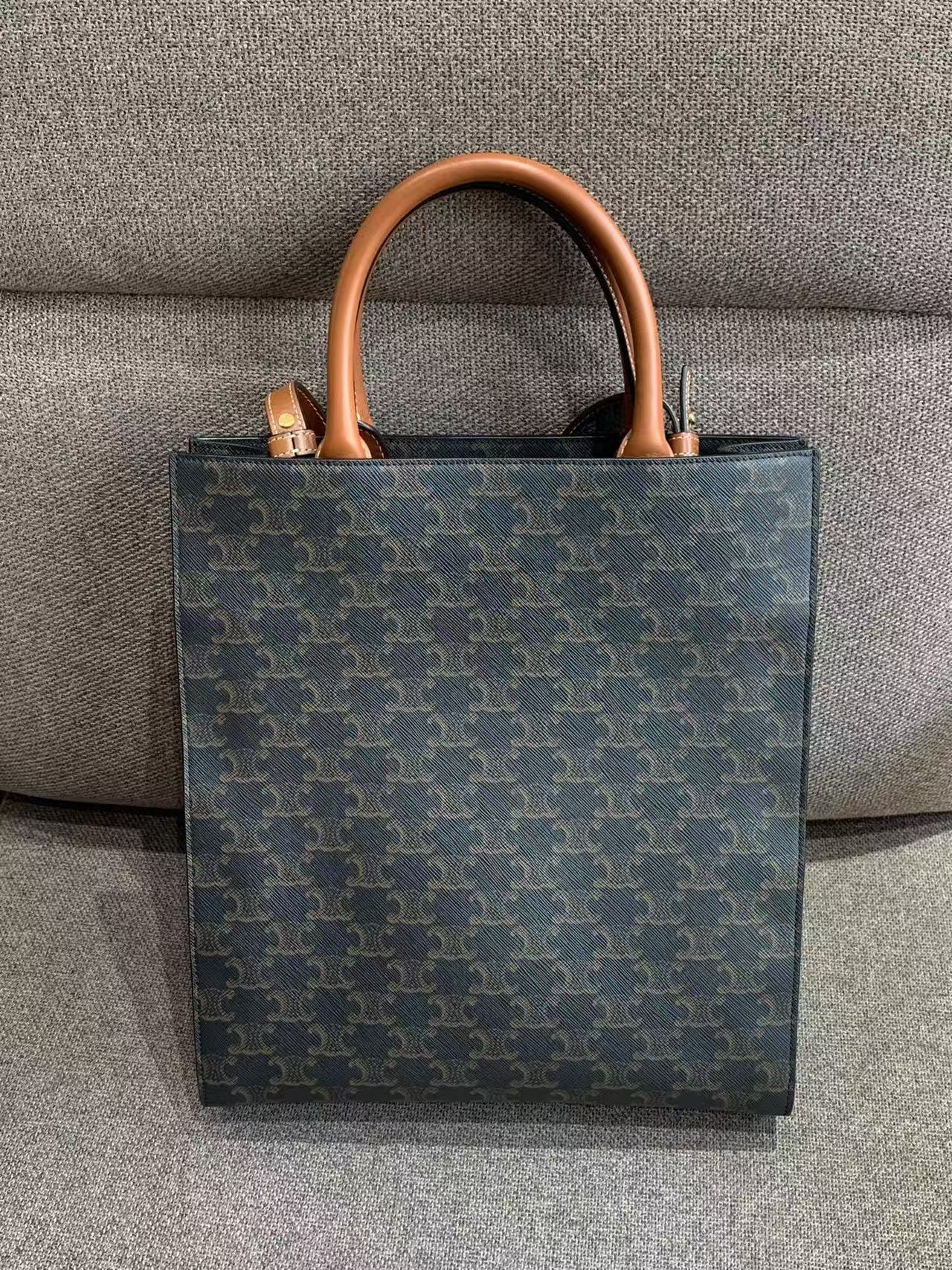 Celine - Cabas Vertical Bag - 65% Coated Canvas, 35% Calfskin leather - Brown with Tan leather trim - (Small)