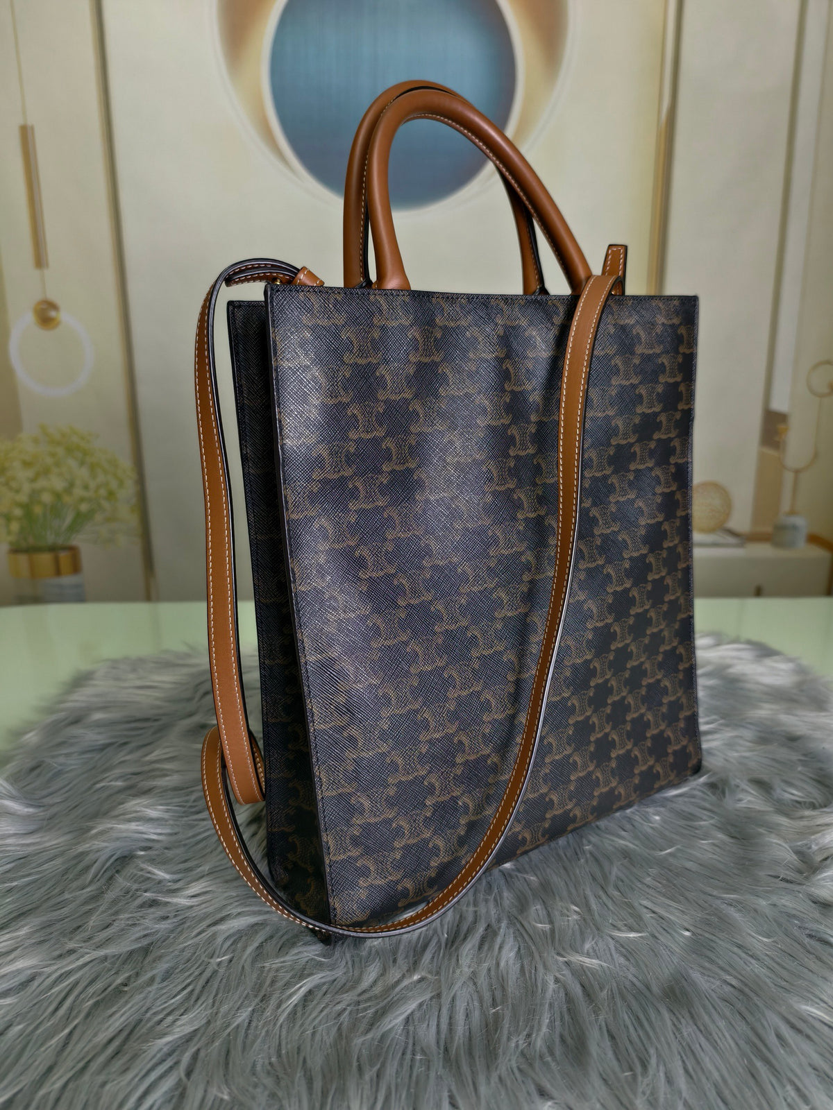 Celine - Cabas Vertical Triomphe Small - Cloth - Brown - (small)