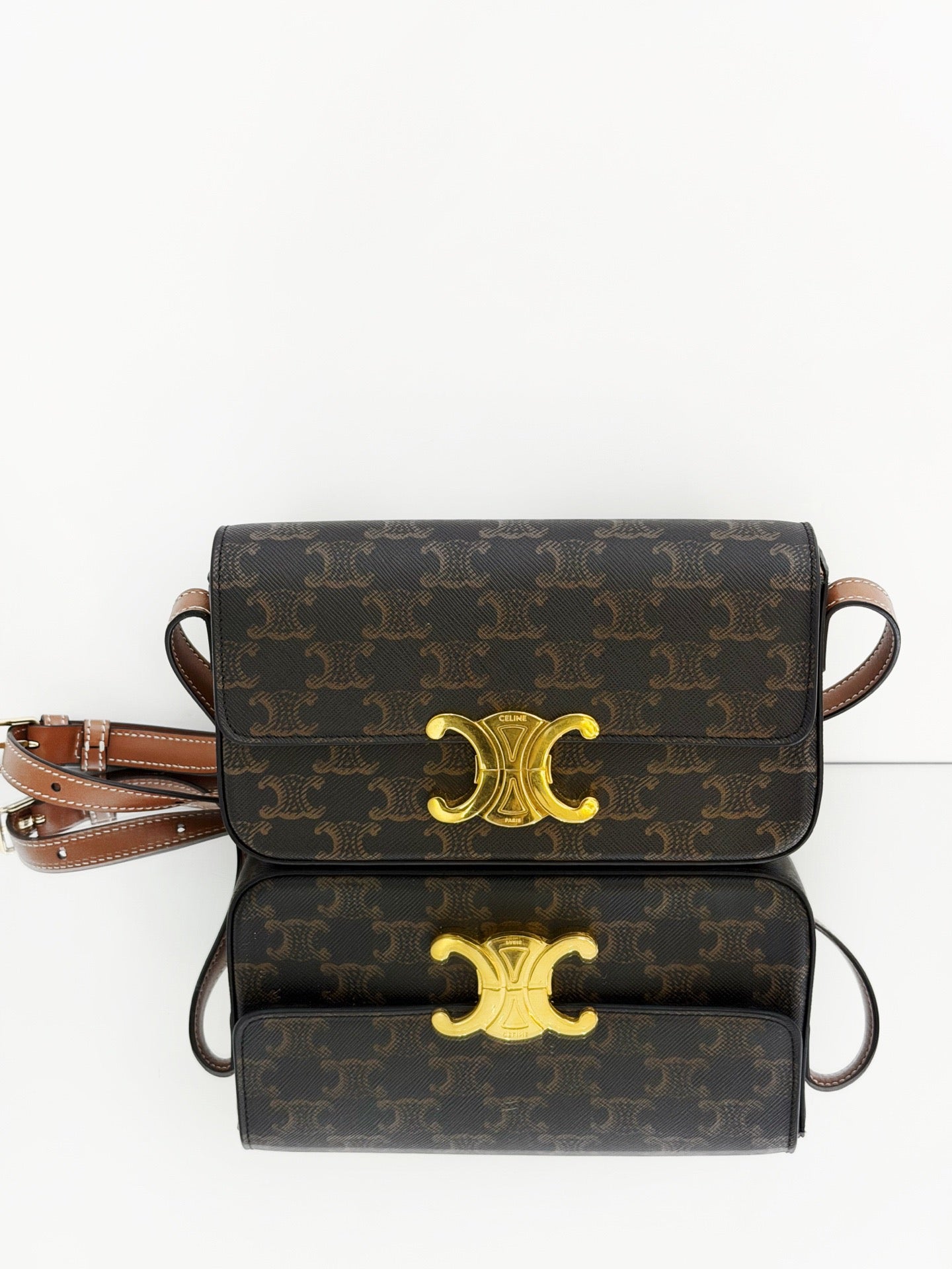 Celine - Claude Triomphe - Triomphe coated canvas with tan leather trim - Brown - (Small)