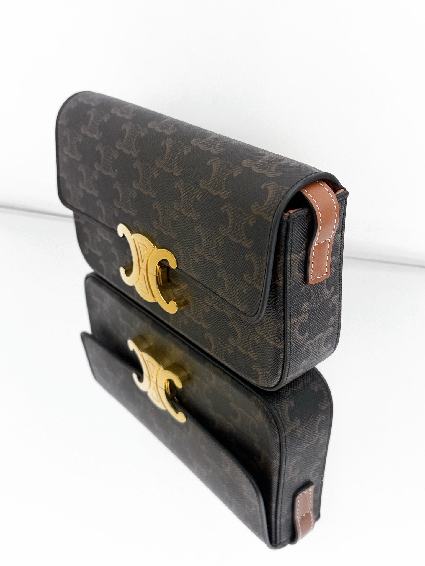 Celine - Claude Triomphe - Triomphe coated canvas with tan leather trim - Brown - (Small)