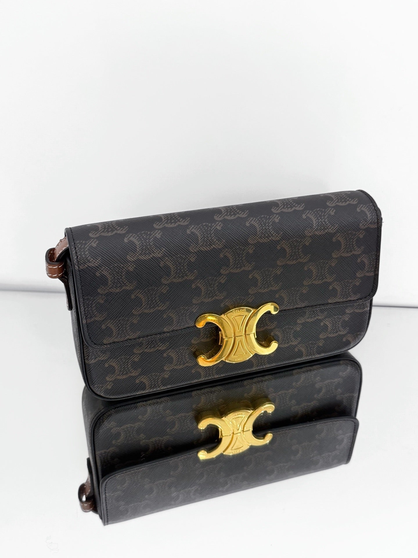 Celine - Claude Triomphe - Triomphe coated canvas with tan leather trim - Brown - (Small)