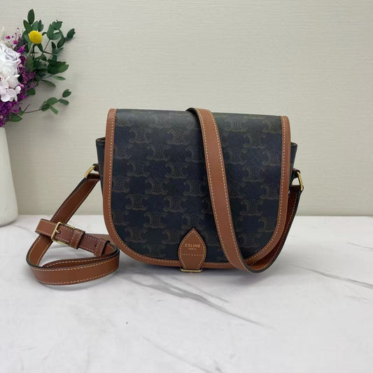 Celine - Folco - Triomphe canvas with calfskin leather trim - Brown - (small)