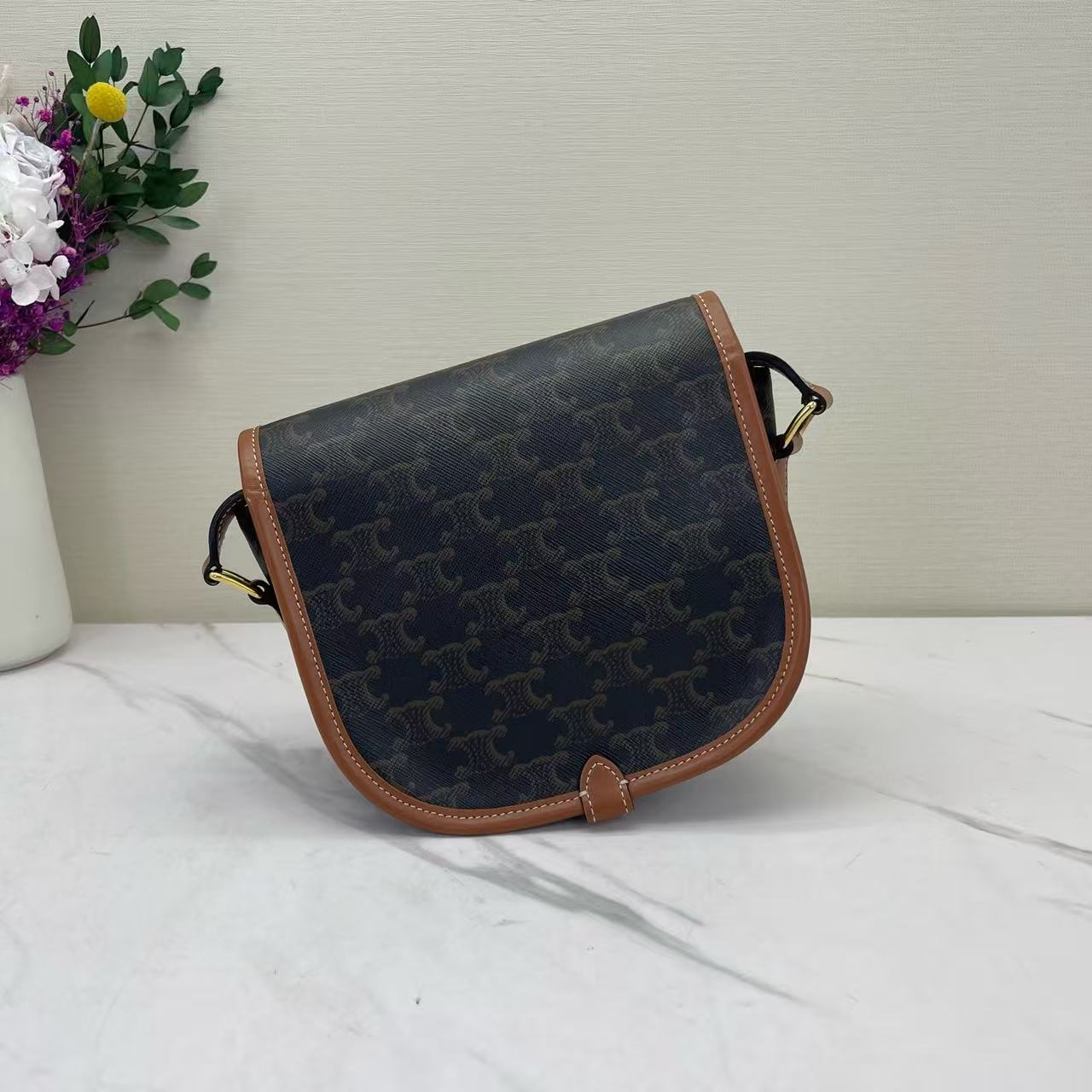 Celine - Folco - Triomphe canvas with calfskin leather trim - Brown - (small)