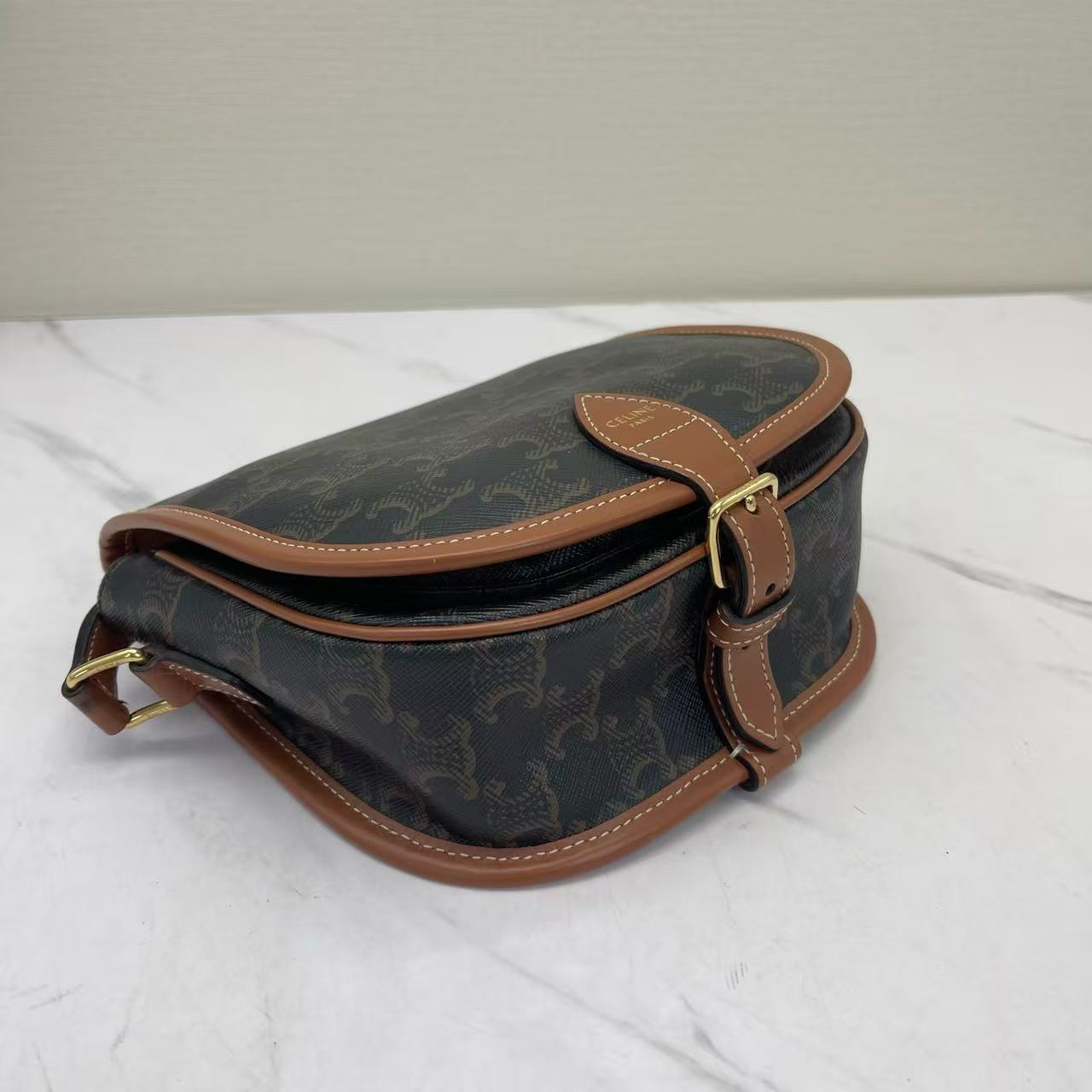 Celine - Folco - Triomphe canvas with calfskin leather trim - Brown - (small)