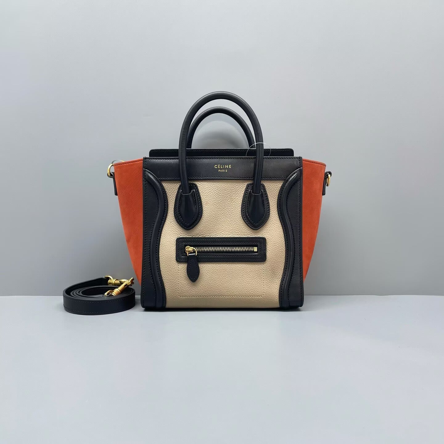 Celine - Luggage Nano - Grained calfskin leather and suede - Multicolour (Beige, Black, Orange) with Gold-Tone Hardware - (mini)