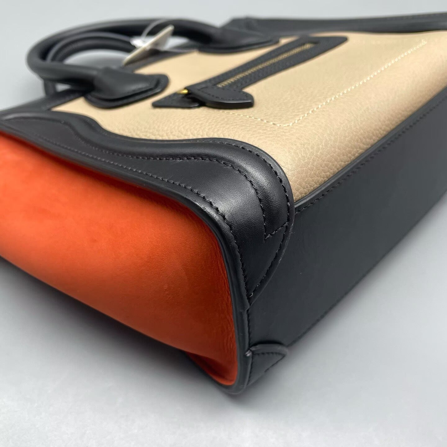 Celine - Luggage Nano - Grained calfskin leather and suede - Multicolour (Beige, Black, Orange) with Gold-Tone Hardware - (mini)