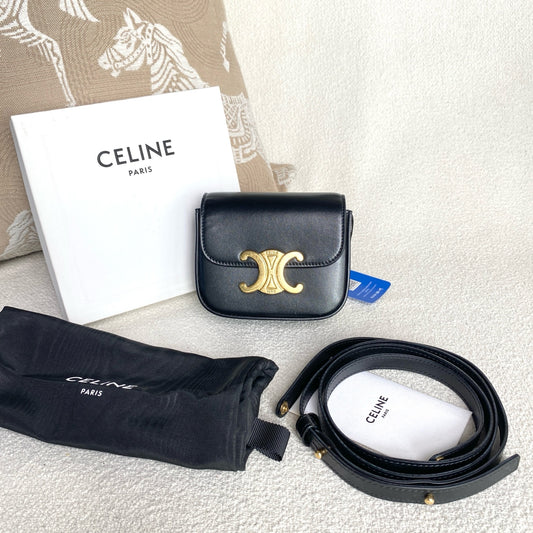 Celine - Mini Triomphe Belt Bag - Cowhide leather - Black with Gold-Tone Hardware - (mini)