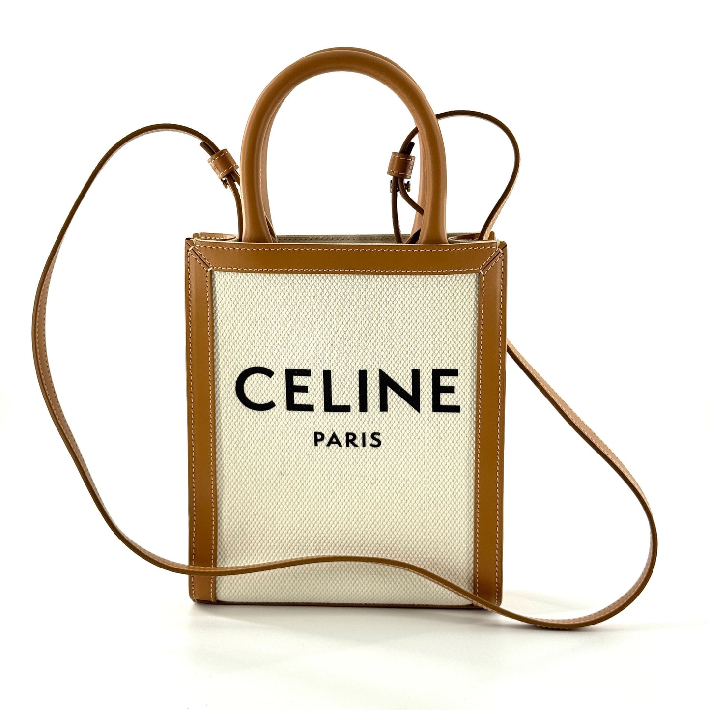 Celine - Mini Vertical Cabas Tote - Canvas with Leather trim - White canvas with Tan leather trim - (mini)