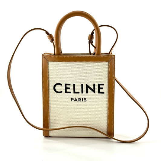 Celine - Mini Vertical Cabas Tote - Canvas with Leather trim - White canvas with Tan leather trim - (mini)
