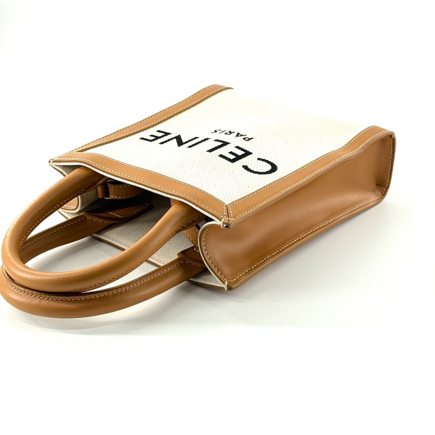 Celine - Mini Vertical Cabas Tote - Canvas with Leather trim - White canvas with Tan leather trim - (mini)