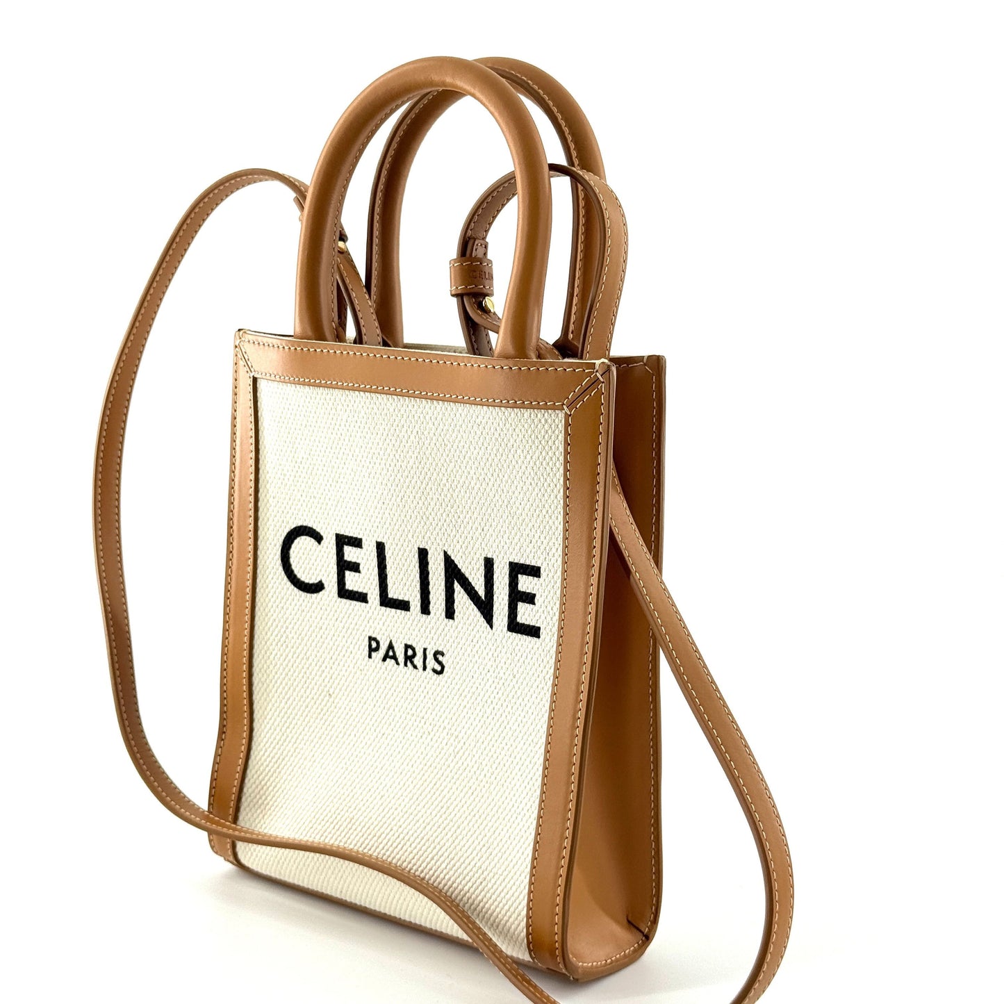 Celine - Mini Vertical Cabas Tote - Canvas with Leather trim - White canvas with Tan leather trim - (mini)