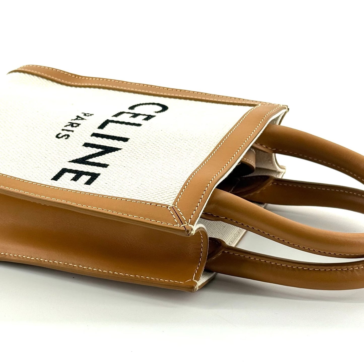 Celine - Mini Vertical Cabas Tote - Canvas with Leather trim - White canvas with Tan leather trim - (mini)