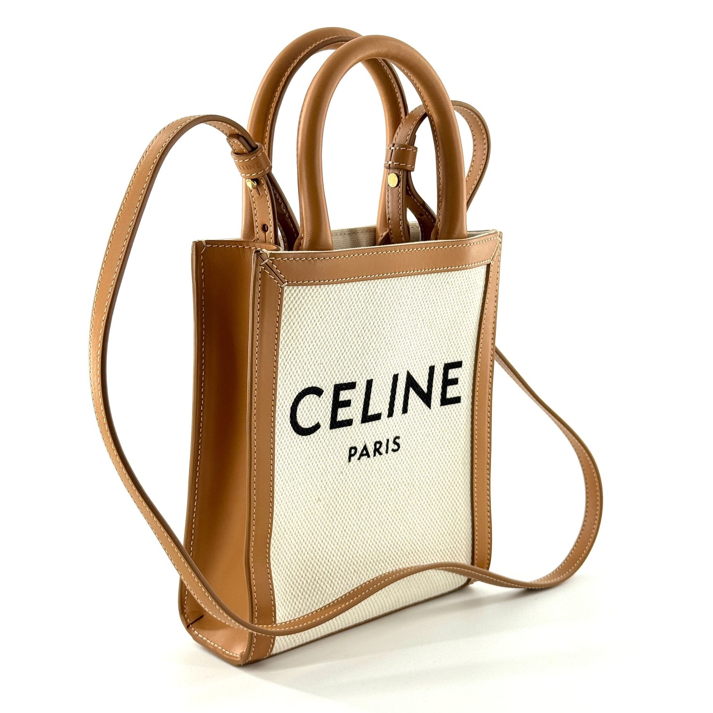 Celine - Mini Vertical Cabas Tote - Canvas with Leather trim - White canvas with Tan leather trim - (mini)