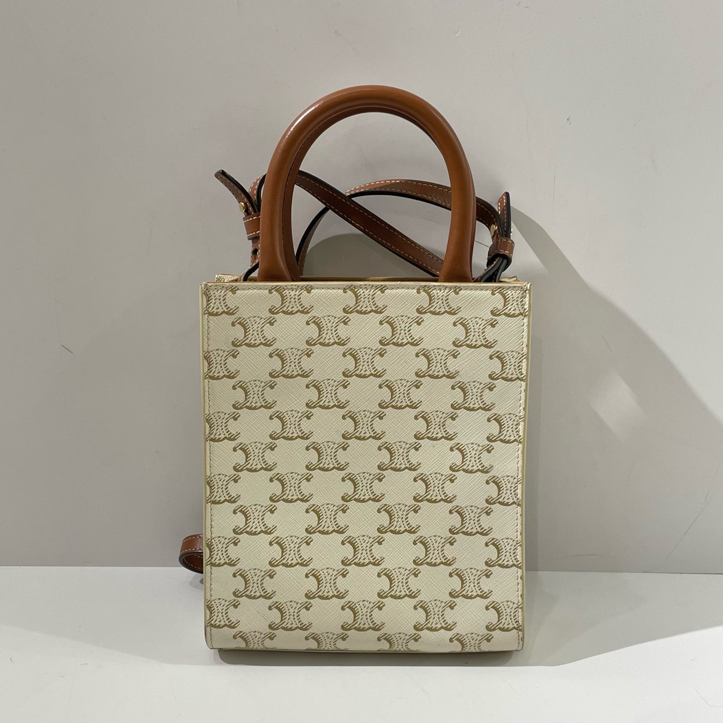 Celine - Mini Vertical Cabas - Triomphe Canvas with Calfskin Leather Trim - White with Brown Accents - (mini)