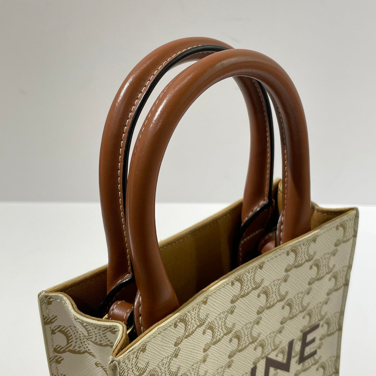 Celine - Mini Vertical Cabas - Triomphe Canvas with Calfskin Leather Trim - White with Brown Accents - (mini)