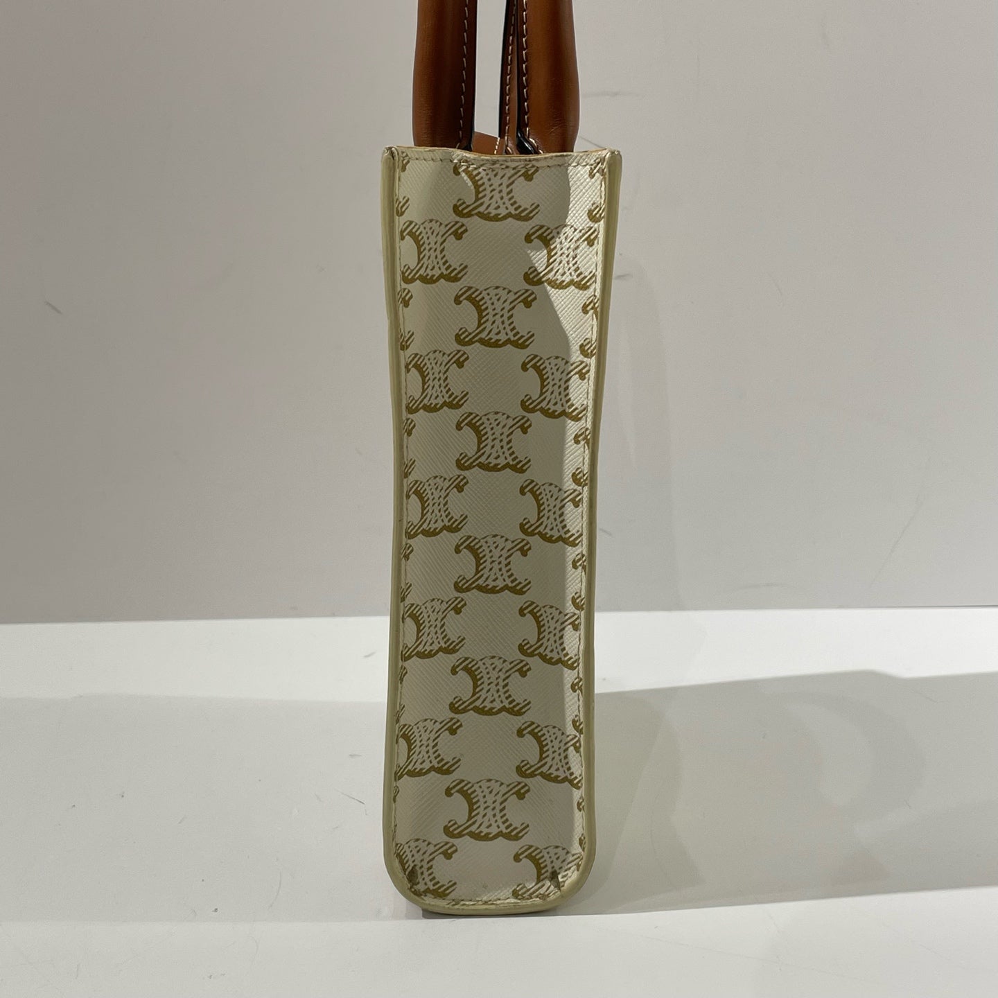 Celine - Mini Vertical Cabas - Triomphe Canvas with Calfskin Leather Trim - White with Brown Accents - (mini)