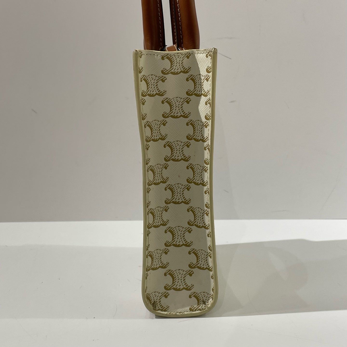 Celine - Mini Vertical Cabas - Triomphe Canvas with Calfskin Leather Trim - White with Brown Accents - (mini)