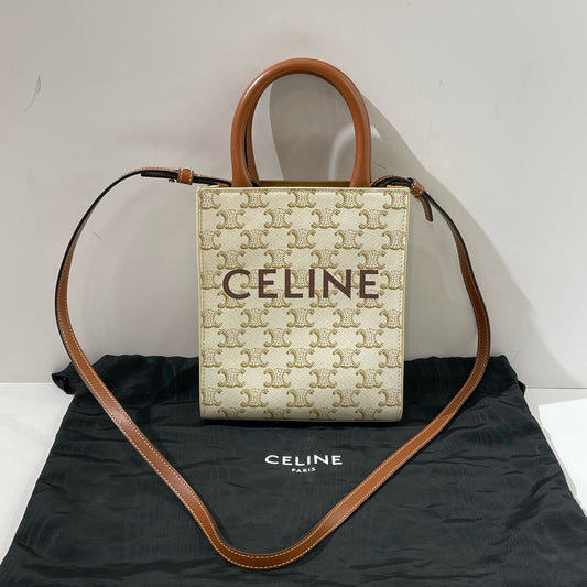 Celine - Mini Vertical Cabas - Triomphe Canvas with Calfskin Leather Trim - White with Brown Accents - (mini)