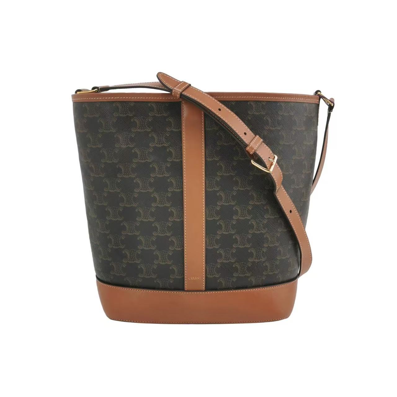 Celine - Seau Triomphe Bucket Bag - Triomphe canvas and calfskin leather - Brown - (medium)