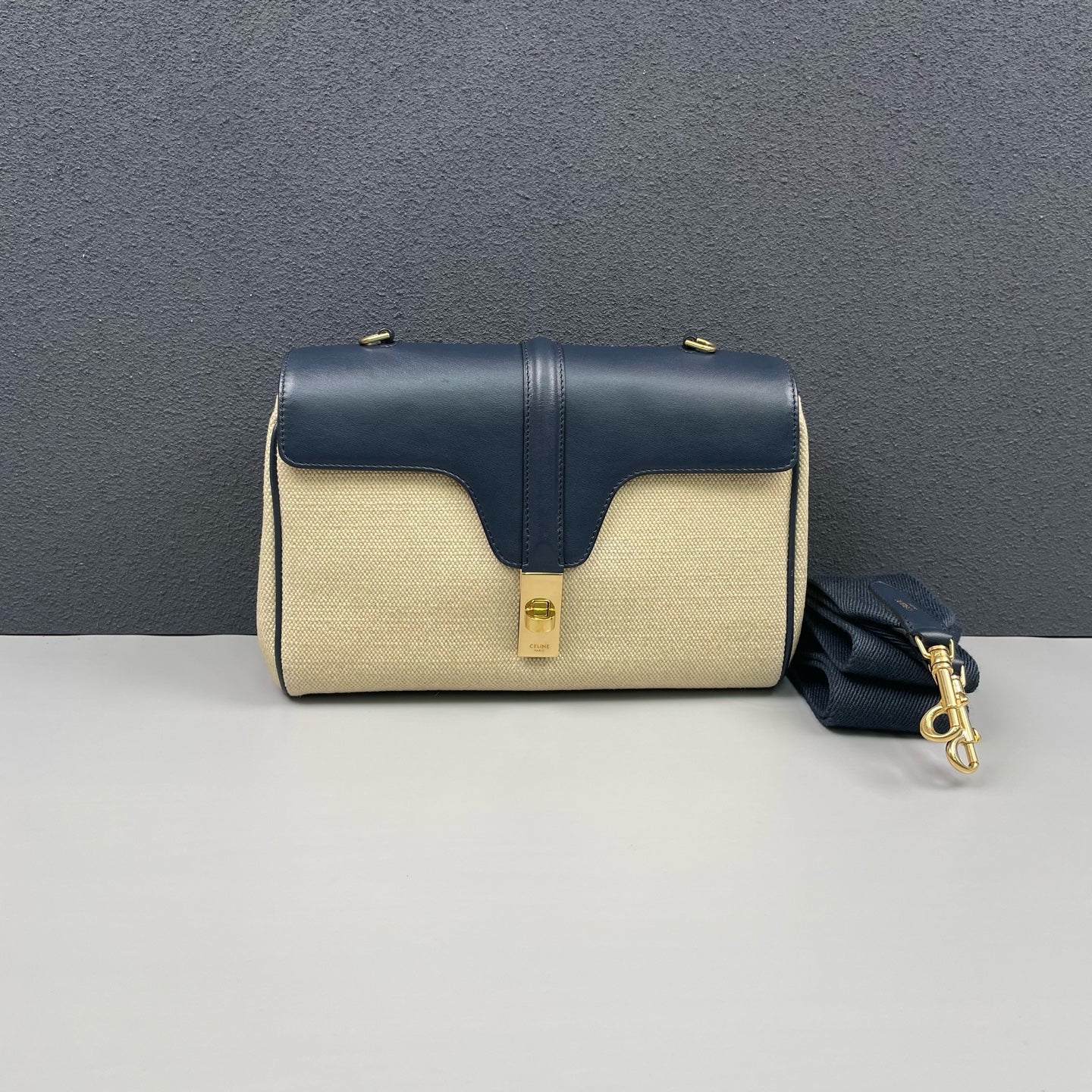 Celine - Soft 16 - Canvas with Calfskin Leather Trim - Beige and Navy Blue - (small)