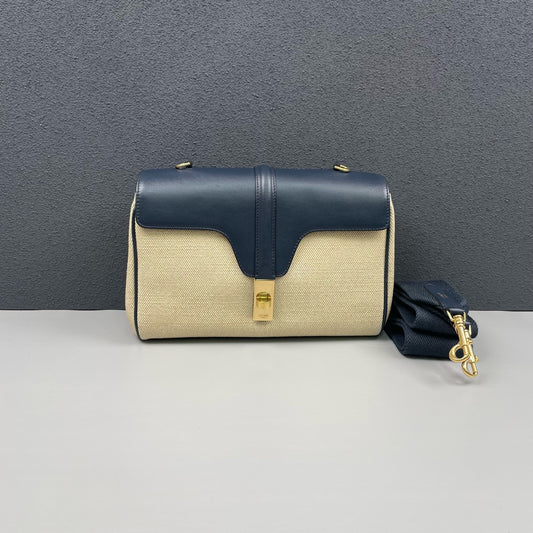 Celine - Soft 16 - Canvas with Calfskin Leather Trim - Beige and Navy Blue - (small)