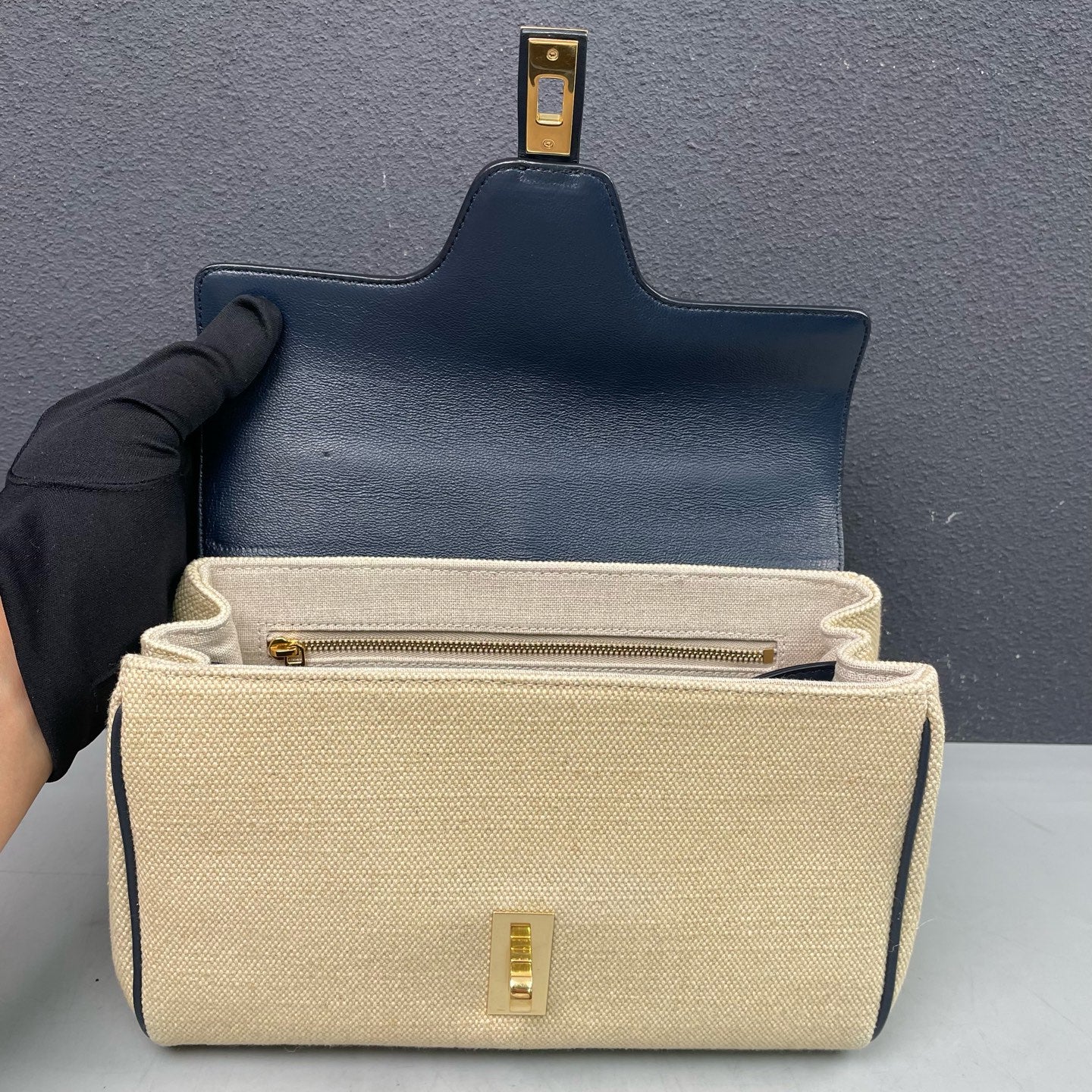 Celine - Soft 16 - Canvas with Calfskin Leather Trim - Beige and Navy Blue - (small)