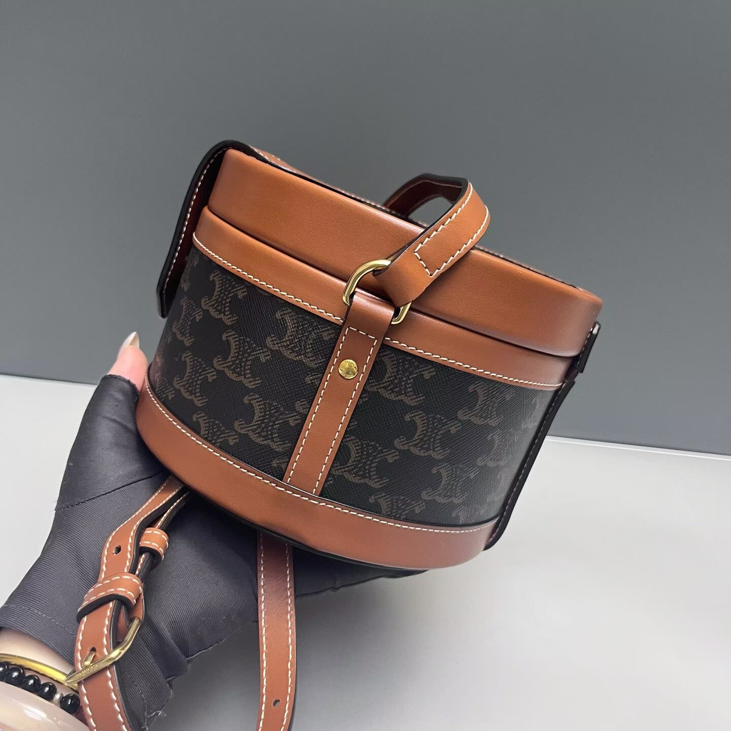 Celine - Tambour Round Bag - Triomphe canvas and leather - Brown - (mini)
