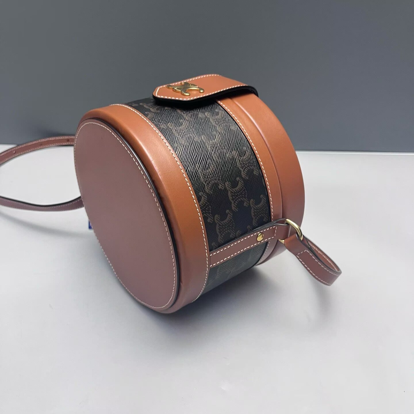 Celine - Tambour Round Bag - Triomphe canvas and leather - Brown - (mini)