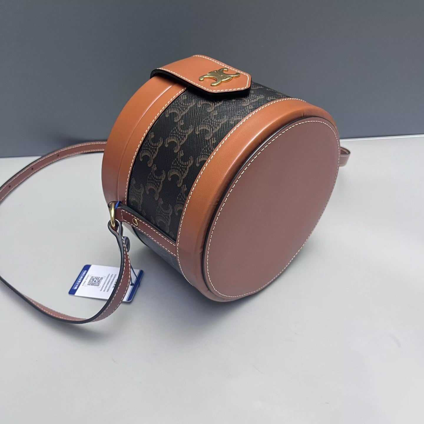 Celine - Tambour Round Bag - Triomphe canvas and leather - Brown - (mini)