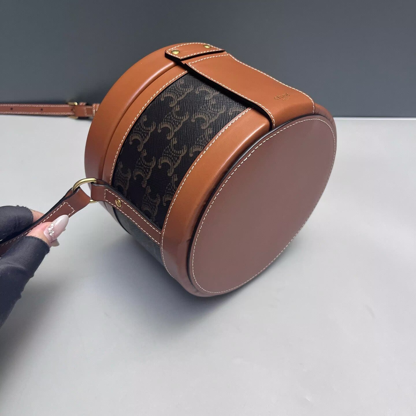 Celine - Tambour Round Bag - Triomphe canvas and leather - Brown - (mini)