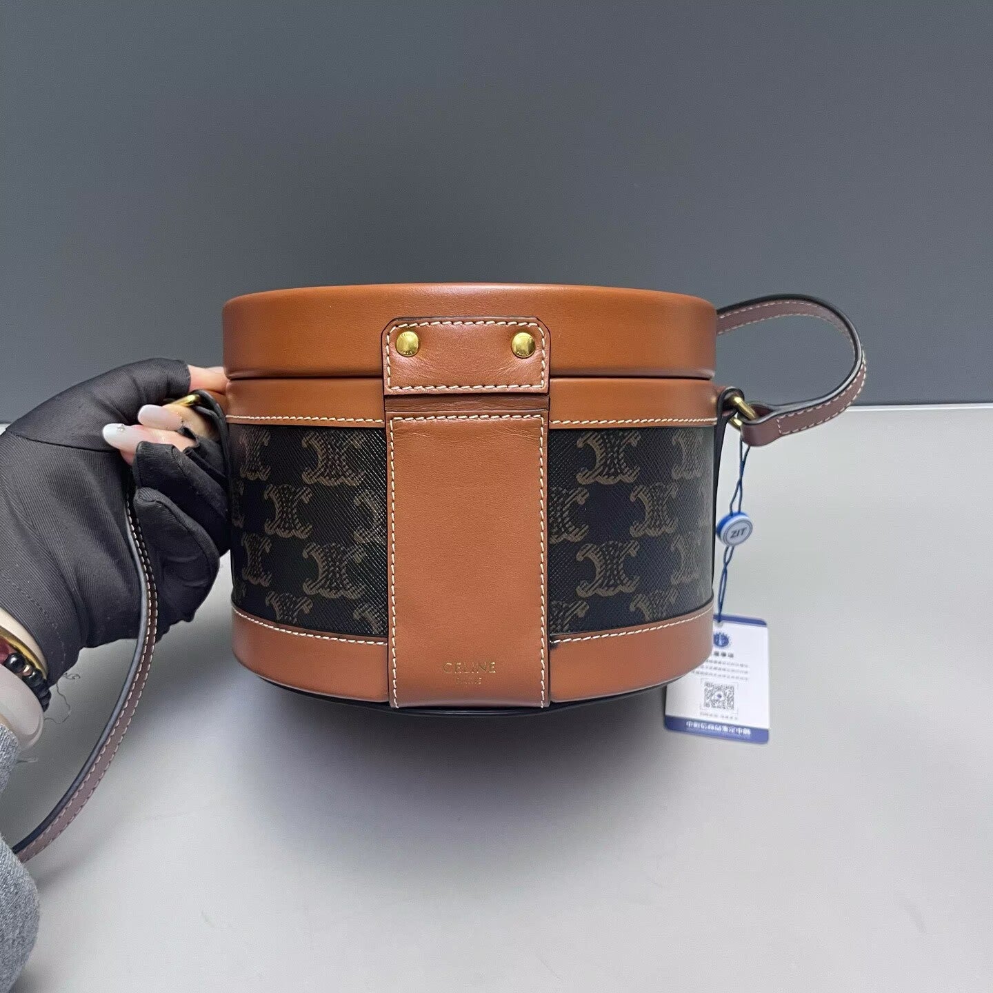 Celine - Tambour Round Bag - Triomphe canvas and leather - Brown - (mini)