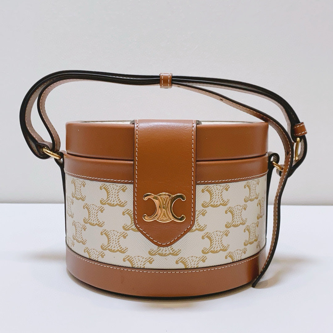 Celine - Tambour Triomphe Box Bag - Triomphe canvas and calfskin leather - Beige and Brown - (mini)