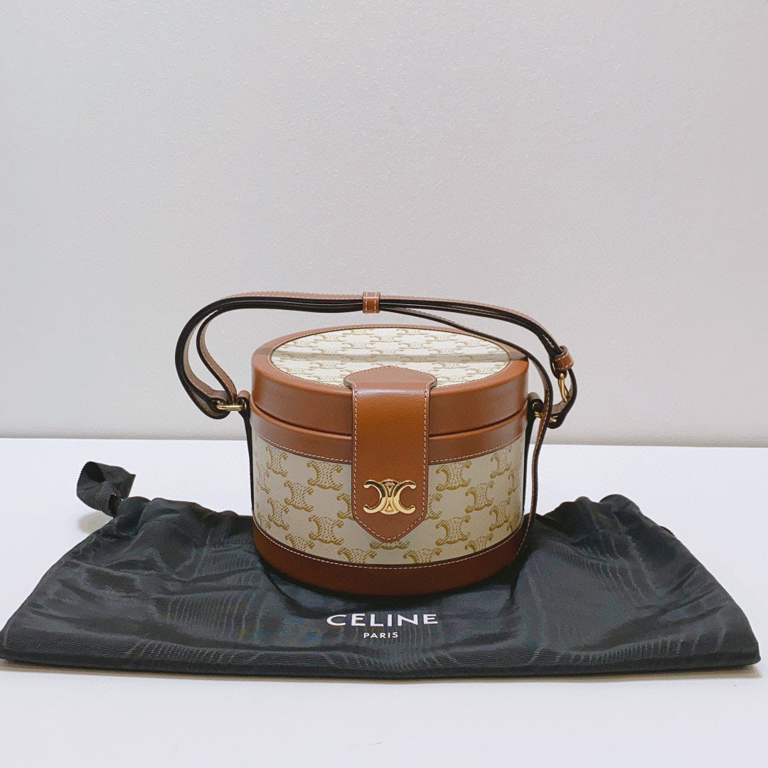 Celine - Tambour Triomphe Box Bag - Triomphe canvas and calfskin leather - Beige and Brown - (mini)
