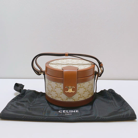 Celine - Tambour Triomphe Box Bag - Triomphe canvas and calfskin leather - Beige and Brown - (mini)