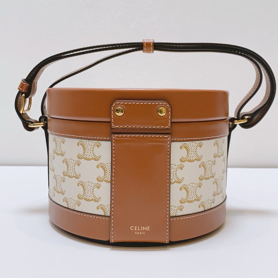 Celine - Tambour Triomphe Box Bag - Triomphe canvas and calfskin leather - Beige and Brown - (mini)