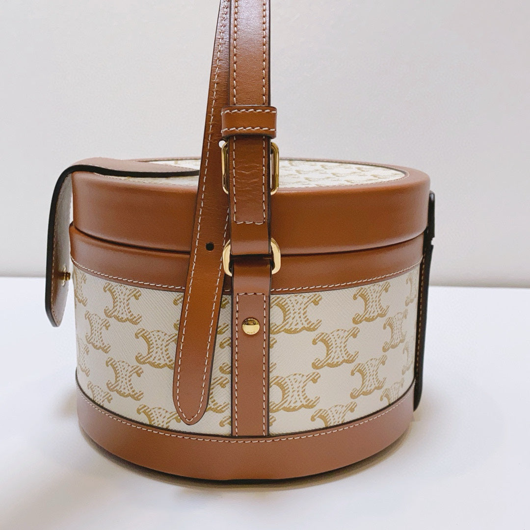 Celine - Tambour Triomphe Box Bag - Triomphe canvas and calfskin leather - Beige and Brown - (mini)
