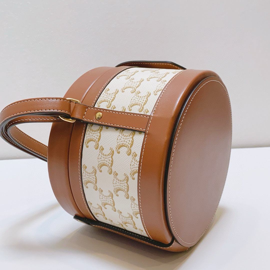 Celine - Tambour Triomphe Box Bag - Triomphe canvas and calfskin leather - Beige and Brown - (mini)