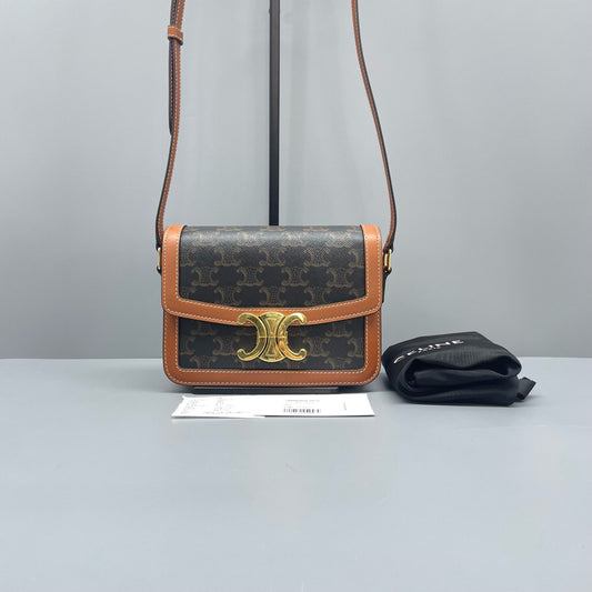 Celine - Teen Triomphe Bag - Triomphe canvas with calfskin leather trim - Brown and Tan - (mini)