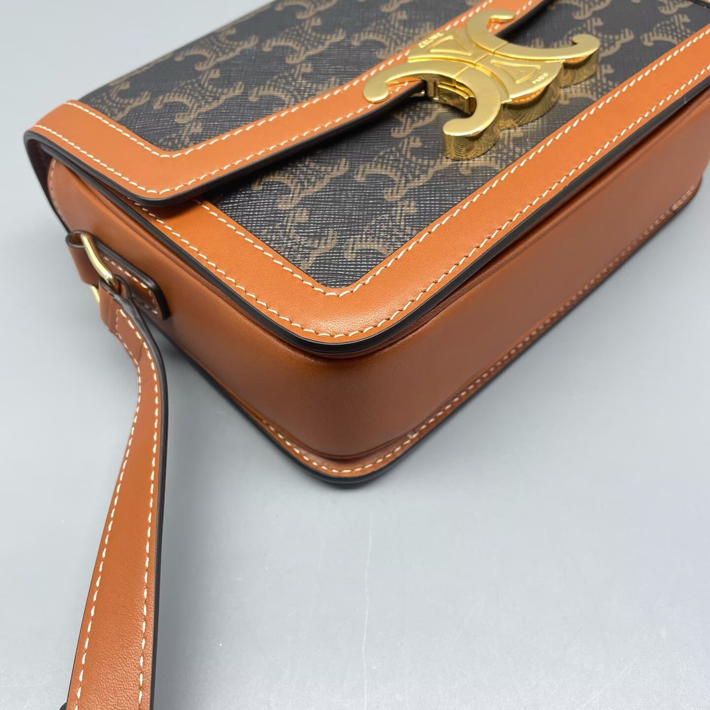 Celine - Teen Triomphe Bag - Triomphe canvas with calfskin leather trim - Brown and Tan - (mini)