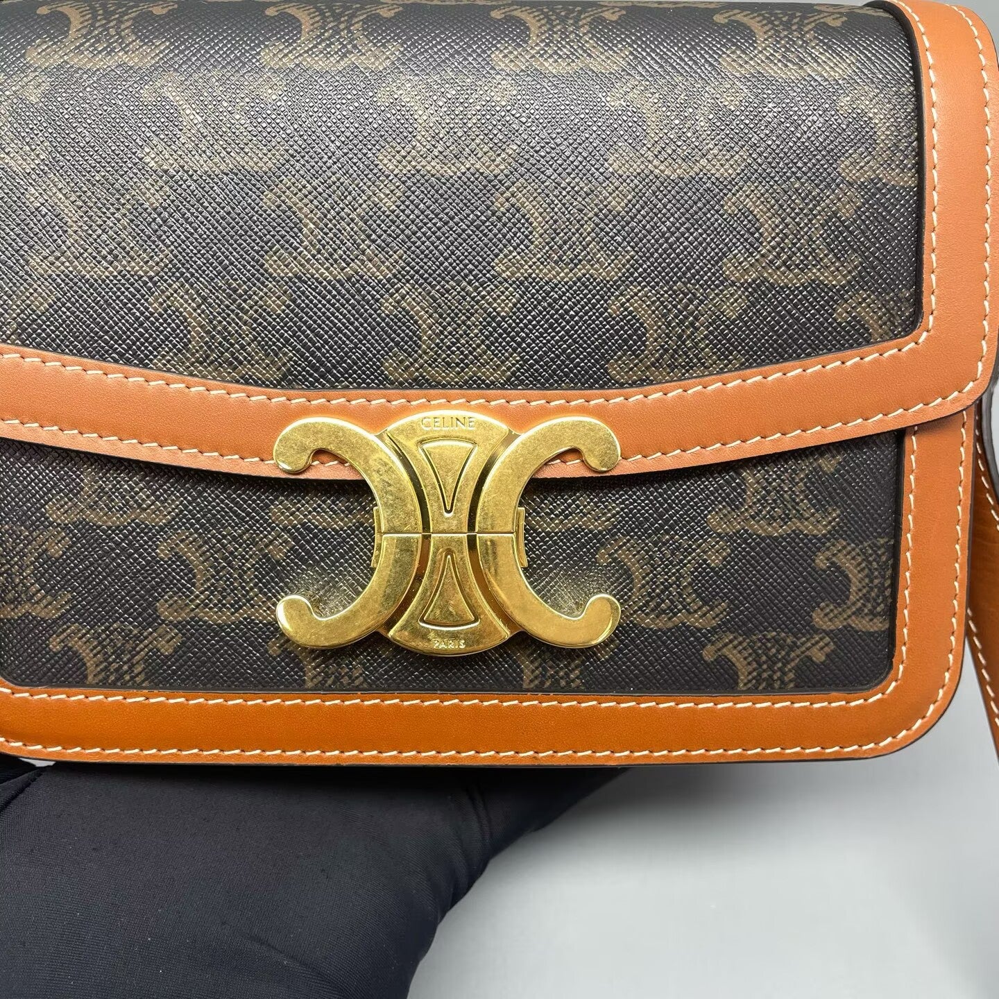 Celine - Teen Triomphe Bag - Triomphe canvas with calfskin leather trim - Brown and Tan - (mini)