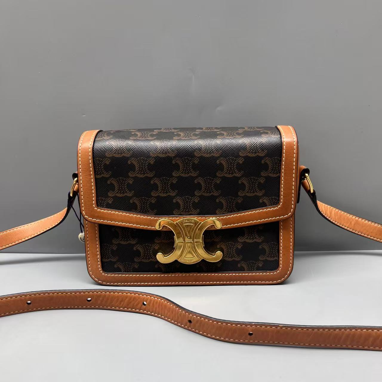 Celine - Teen Triomphe Box Bag - Triomphe Canvas with Calfskin Leather Trim - Brown with Tan Trim and Gold-Tone Hardware - (mini)