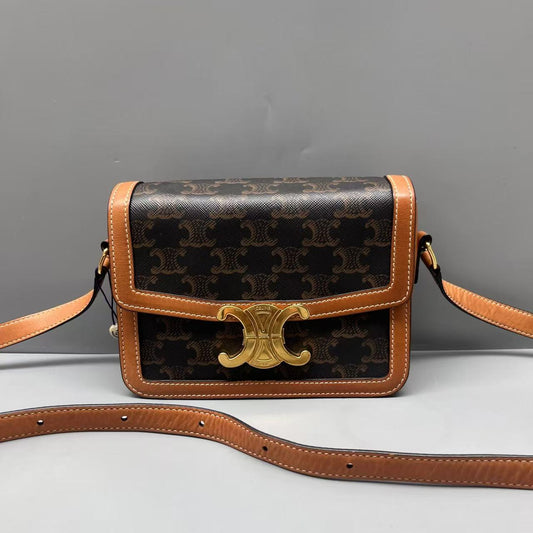 Celine - Teen Triomphe Box Bag - Triomphe Canvas with Calfskin Leather Trim - Brown with Tan Trim and Gold-Tone Hardware - (mini)