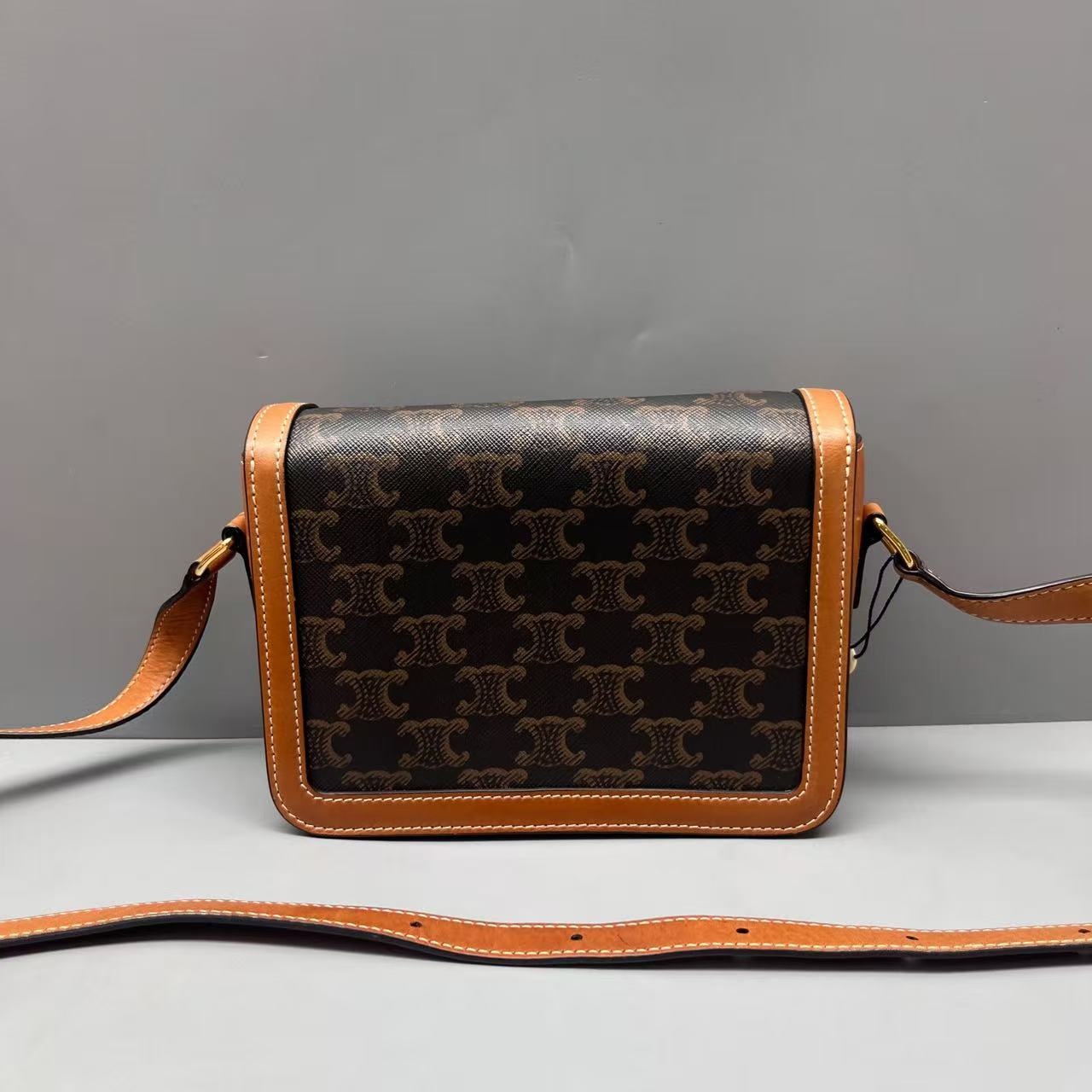 Celine - Teen Triomphe Box Bag - Triomphe Canvas with Calfskin Leather Trim - Brown with Tan Trim and Gold-Tone Hardware - (mini)