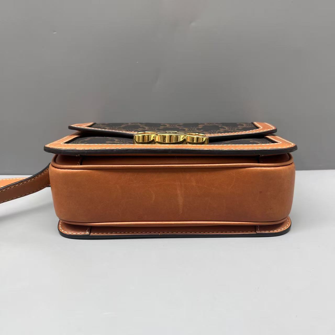 Celine - Teen Triomphe Box Bag - Triomphe Canvas with Calfskin Leather Trim - Brown with Tan Trim and Gold-Tone Hardware - (mini)